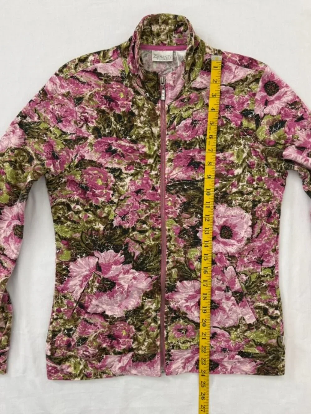 Zenergy By Chico’s Floral Zip Front Jacket Womens 0/Small Rhinestone Zip Stretch - Picture 12 of 15